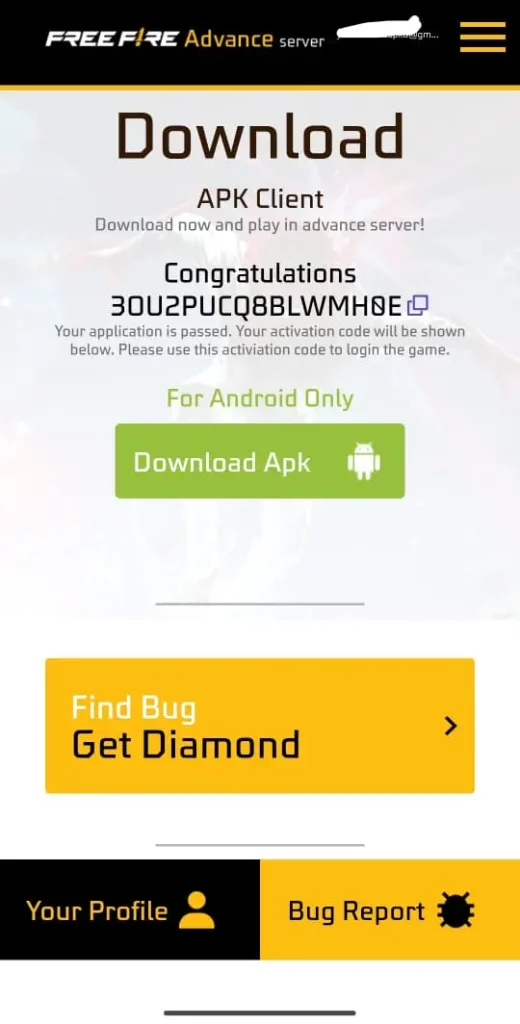 Free Fire Advance Server OB52 Activation Code