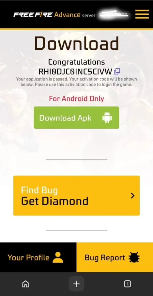 Free Fire Advance Server OB55 Registration Code