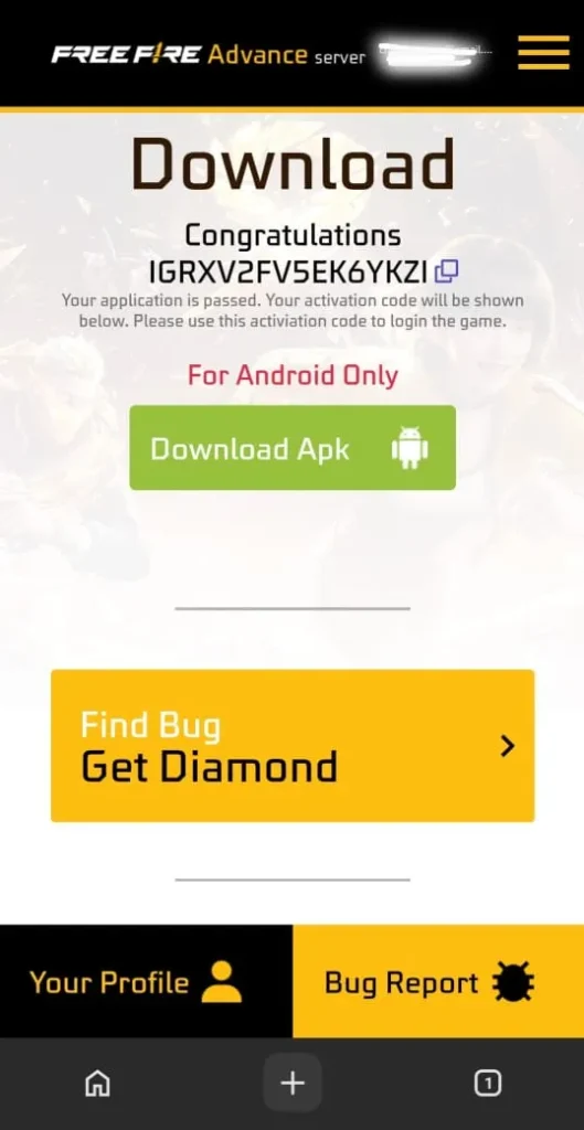 Free Fire Advance Server OB55 Registration Code