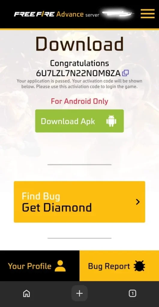 Free Fire Advance Server OB55 Registration Code