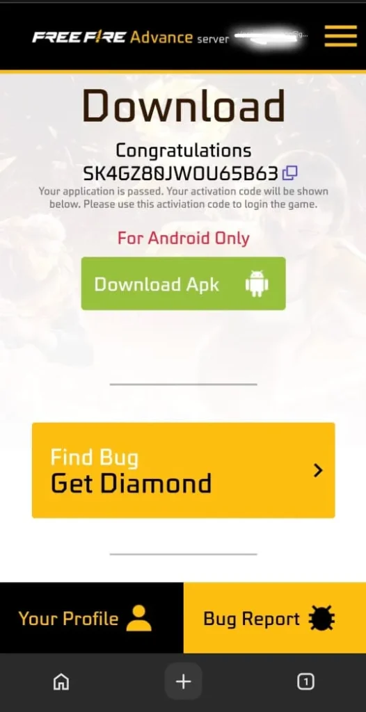 Free Fire Advance Server OB55 Registration Code